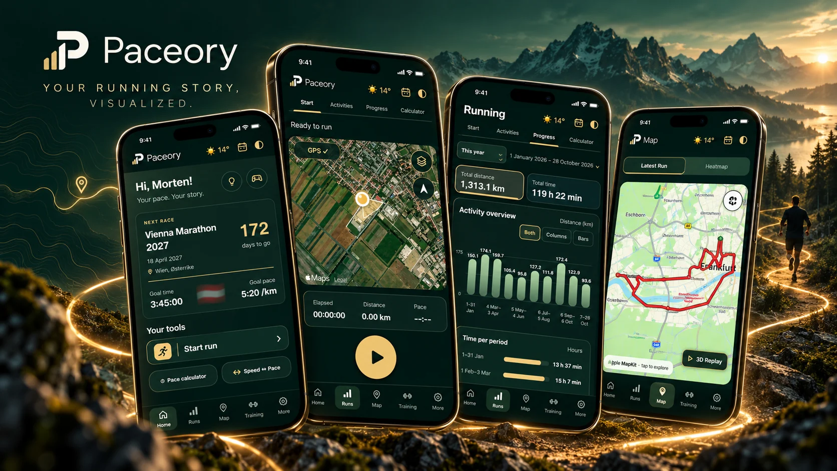 Paceory 2.0 running app collage with home screen, GPS run tracking, running statistics and route map on four iPhones