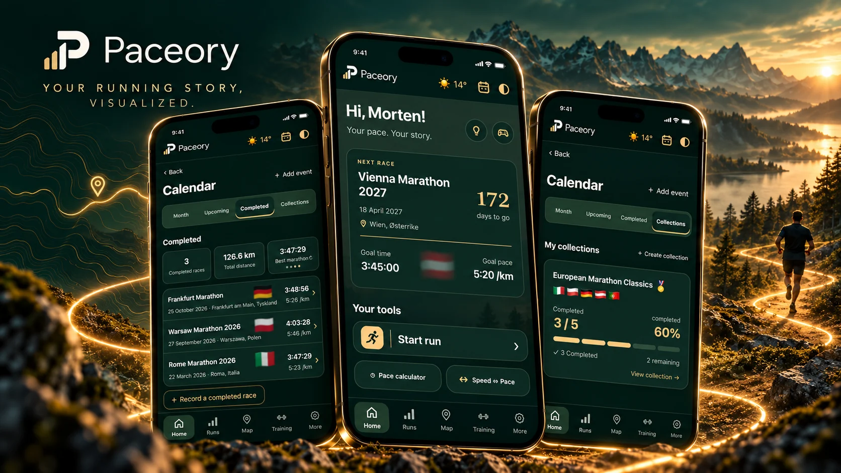 Three Paceory screens showing race calendar, next-race countdown and marathon collections